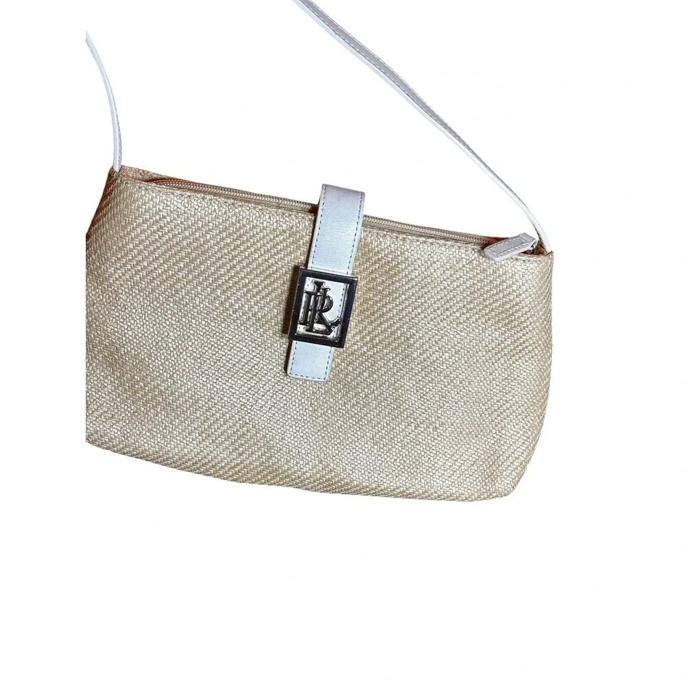 Lauren Ralph Lauren Woven Straw Bag White Leather Trim Silver LRL Monogram Beige